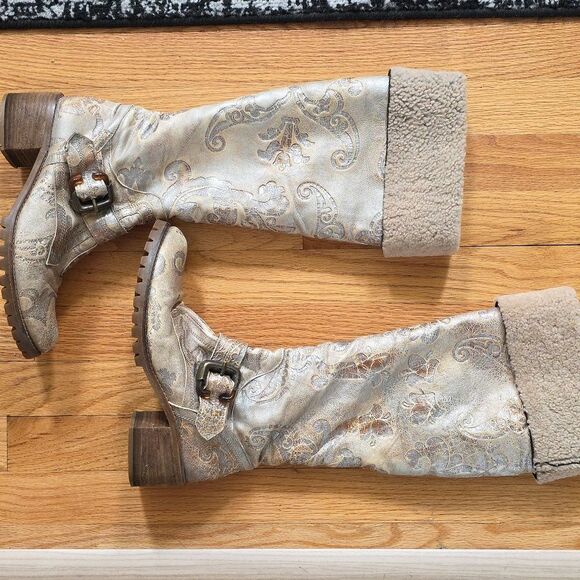 Knee High Embroidered Metallic Bronze Silver Sherpa Lined Rugged Western Boots 8 - Picture 2 of 11